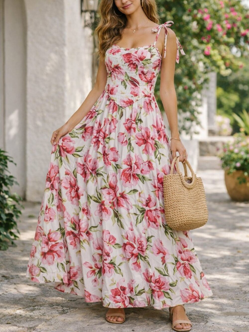 Tulip Creations Floral Tie-Shoulder Bubble Hem Basque Waist Dress